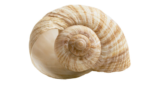 Detailed spiral snail shell with beige and brown stripes, isolated on transparent background