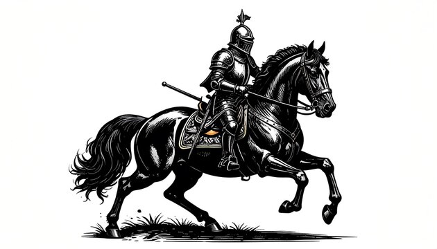 Black and white illustration of a knight on horseback.