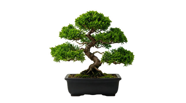 Small green bonsai tree in a black pot isolated on transparent background
