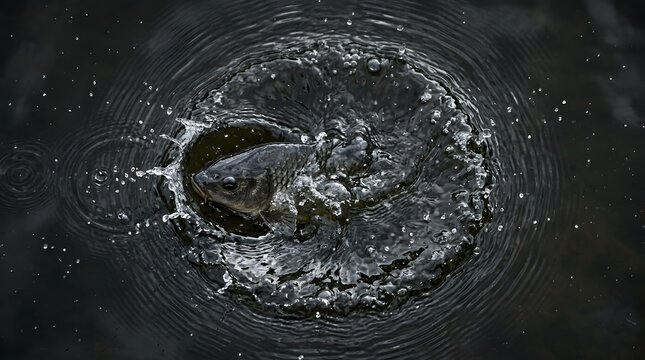 A close-up shot capturing the dynamic moment a wild fish breaks the dark water surface creating ripples and splashes in a natural pond habitat
