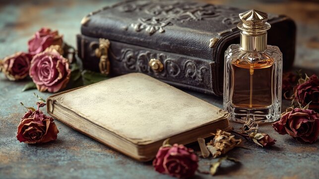 Antique book, dried roses, perfume