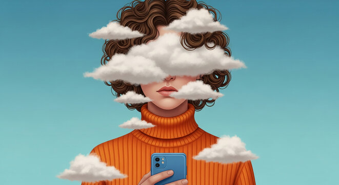 Digitally painted person with clouds obscuring face, holding smartphone, symbolizing disconnection, distraction, or mental state, against blue sky