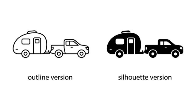 Pickup Truck Towing a Camper: A pickup truck is depicted towing a small, teardrop-shaped camper trailer, presented in both an outline and a silhouette style for versatile graphic use.