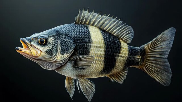 Striped fish with open mouth, isolated on black background