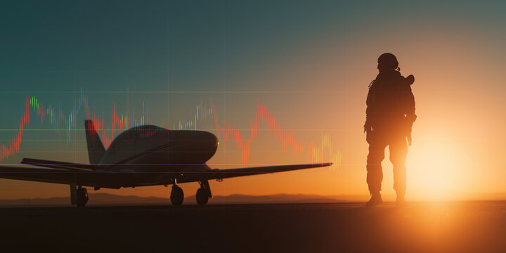 Silhouette of a man stands beside a small aircraft on the runway at sunset with financial charts.