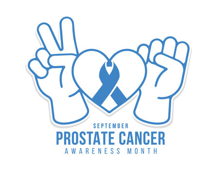 Prostate cancer awareness month - Blue line heart with blue ribbon between hands peace and fight sign vector design