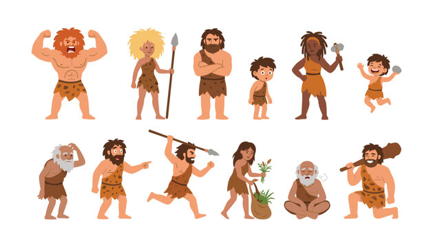 Caveman family vector illustration set featuring prehistoric stone age characters hunting gathering and posing in primitive clothes