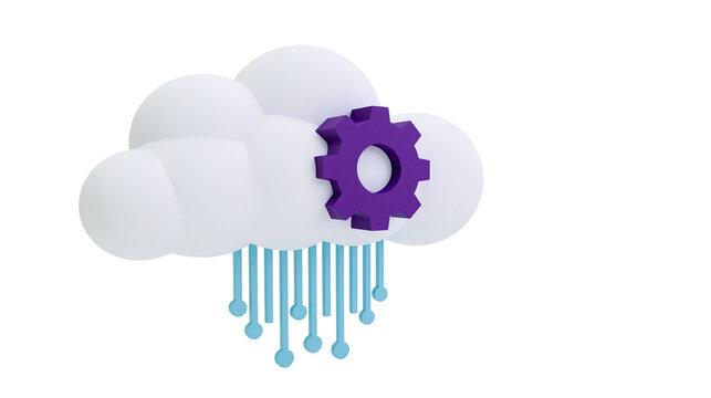 White cloud with purple gear and blue data streams, isolated on transparent background