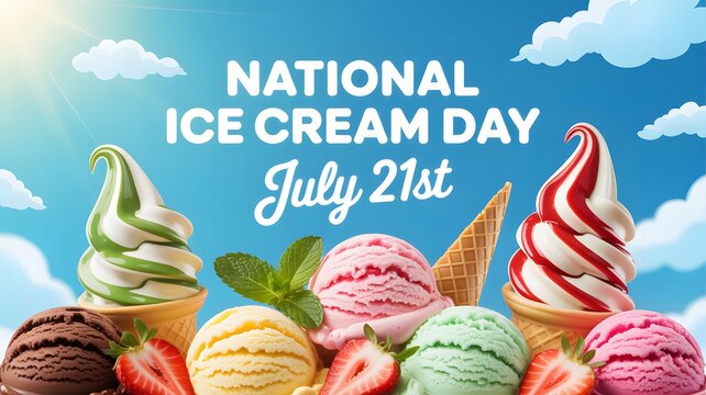 National ice cream day celebration banner with colorful frozen treat variety against a bright blue cloudy background