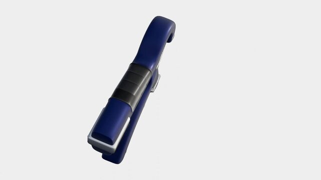 A 3d animation of adjustable blue hand grip strengthener with a counter floating and spinning in a 360-degree loop against a clean studio background.