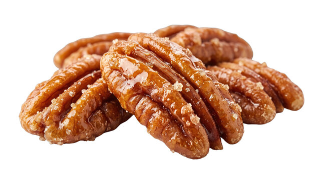 Glazed pecan nuts with sugar coating, sweet caramelized pecans on white background, crunchy candied nut snack for baking and desserts