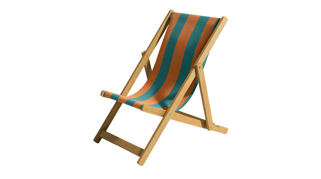 Striped canvas deck chair with wooden frame, isolated on transparent background