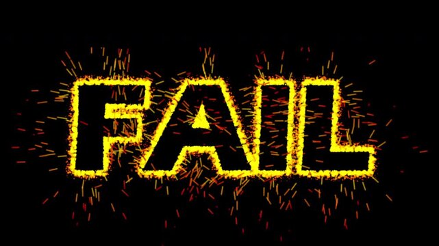 Fail text with fire spark particle reveal on black background / burning yellow flame animation for epic fail intro and disaster title