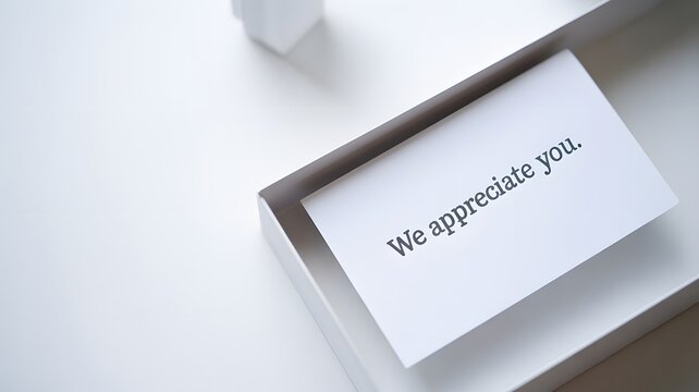 A white card featuring elegant black handwritten calligraphy text placed inside a clean modern gift box frame