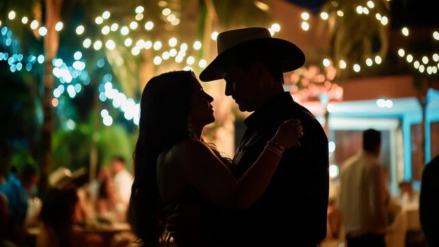 A man and woman sharing an intimate dance under string lights at night