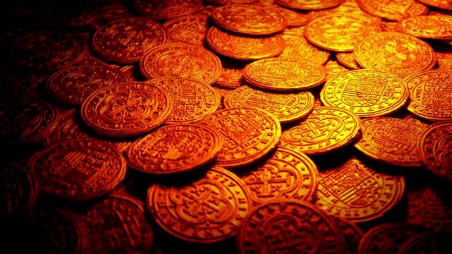 Ancient golden coins pile representing wealth and treasure discovery gold money antique history
