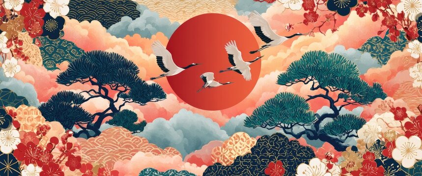 Vibrant Japanese Art Style with Cranes, Pine Trees, and Cherry Blossoms Under a Red Sun.
