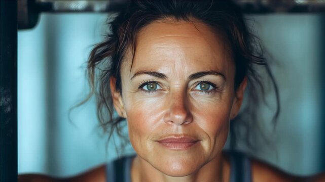 Woman with intense gaze looking directly at camera