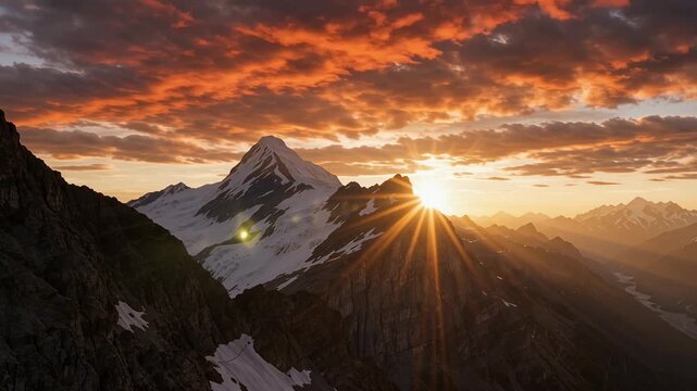 Sunburst over snowy mountain peaks under a dramatic orange sunset sky