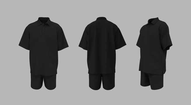 Men&rsquo;s Oversized Polo Shirt and Shorts Mockup. Short Sleeve Sports Uniform Set, Front, Side and Back View
