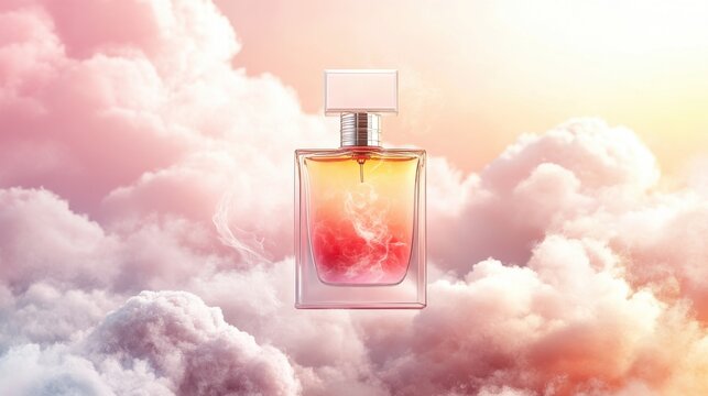Perfume bottle floats among clouds