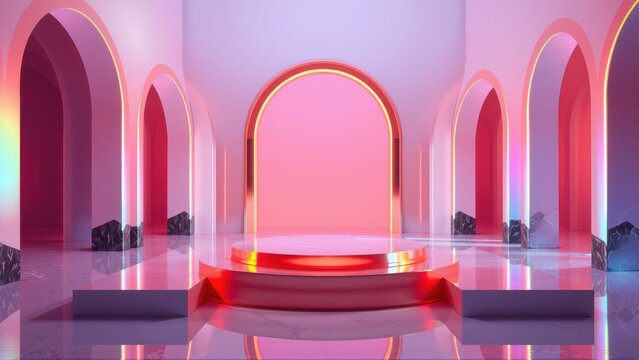 Abstract stage design. Illuminated arches create dramatic backdrop. Platform glows with vibrant neon colors. Minimalist, modern aesthetic.