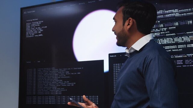 Professional Indian Male Software Engineer Collaborating with team in Tech Office, Looking and Pointing to Coding, AI Model and Data on Screen, Reviewing, Presenting Information to team in Office.