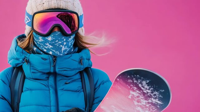 A dynamic shot of a person wearing winter gear and snowboarding against a vibrant background.