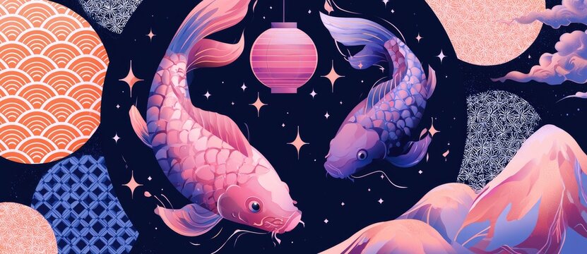 Vibrant Koi Fish Swimming in a Dreamy Night Sky with Japanese Lanterns and Mountains.
