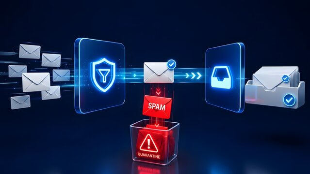 Email security filter system showing holographic shield filtering incoming messages and separating spam into red quarantine box representing active threat detection