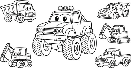 Cute cartoon toy trucks and cars coloring page set featuring monster truck dump truck excavator and pickup vector. © MD