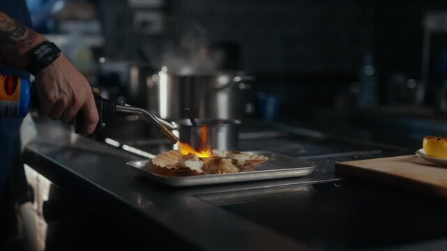 Chef torches dessert in a professional kitchen setting with stainless steel surfaces