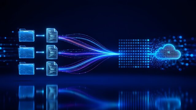 Cloud data migration concept showing structured digital folders transferring information streams into secure virtual cloud server environment