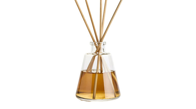 Glass diffuser bottle with amber liquid and wooden reeds, isolated on transparent background