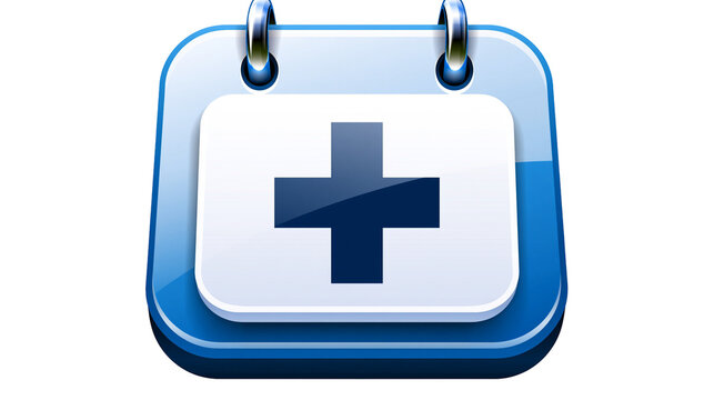 Blue calendar icon with a dark blue plus symbol, isolated on transparent background
