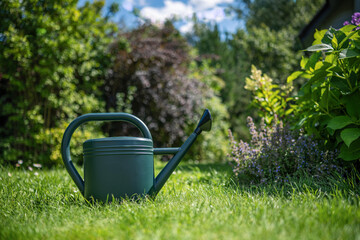 Watering vegetables in raised garden bed with green watering can on sunny day © svetlana_cherruty