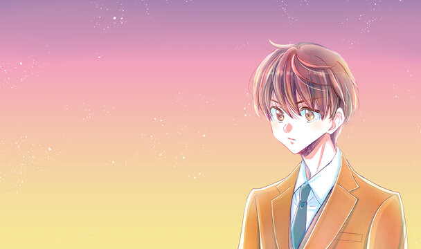男子学生　真剣　ブレザー　風　夕暮れ