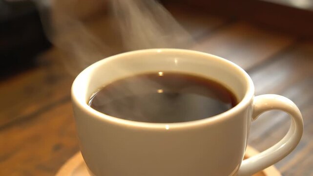 White cup filled with steaming hot coffee, hot coffee cup filled with steam