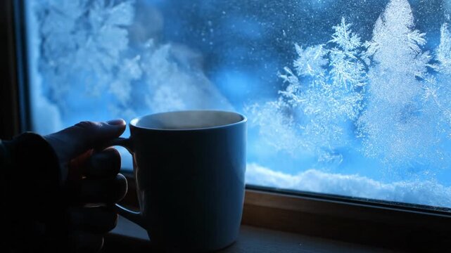 Hand holding steaming mug winter window frost