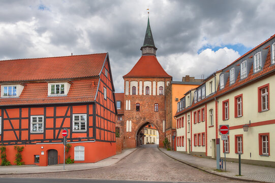 Stralsund, Germany - view of Kutertor.  13th century medieval red brick city gate 