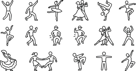 Dancing people line art icon set featuring ballet breakdance tango hip hop and flamenco stick figure dancer silhouettes, © MD