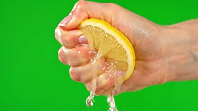 Hand squeezing lemon slice with water splashing on green background