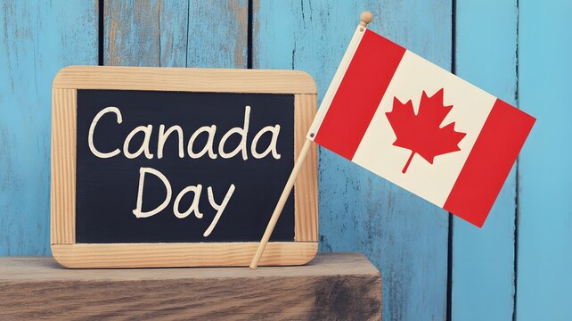 Small chalkboard with canada day written on it next to a maple leaf flag on blue background
