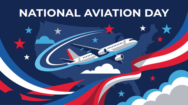 National Aviation Day Illustration with Commercial Airplane Flying Above Clouds in Flat Vector Design
