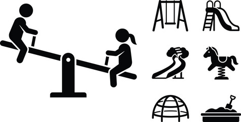 Kids playground solid icon set featuring children on seesaw swing slide dome climber sandbox and spring horse rider. © MD