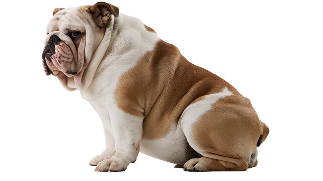 Stocky brown and white bulldog sitting, isolated on transparent background