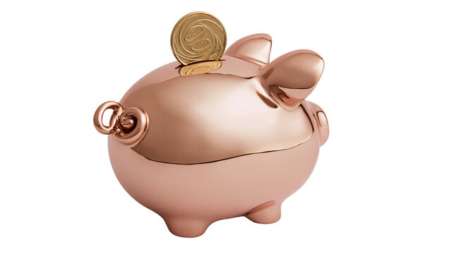 Shiny rose gold piggy bank with coin slot, isolated on transparent background