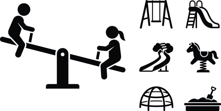 Kids playground solid icon set featuring children on seesaw swing slide dome climber sandbox and spring horse rider.