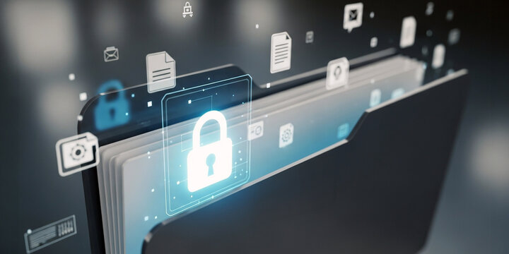 Digital folder with security lock icon and data files