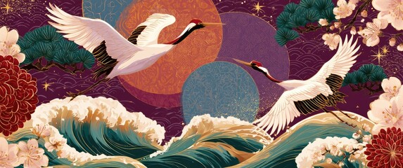 Obraz premium Elegant Cranes Soar Above Crashing Waves in a Stylized Japanese Landscape.